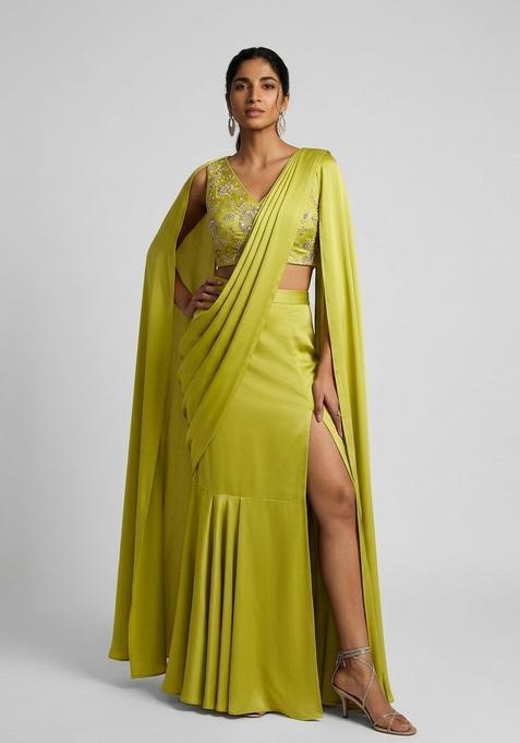 Lime Green Embroidered Tissue Pre Draped Saree Set