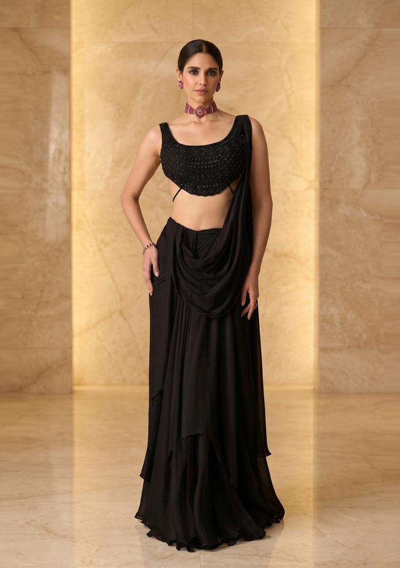 Black Embroidered Handwork Pre Draped Saree Set - Indya