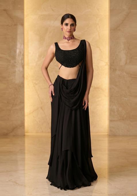 Black Embroidered Handwork Pre Draped Saree Set