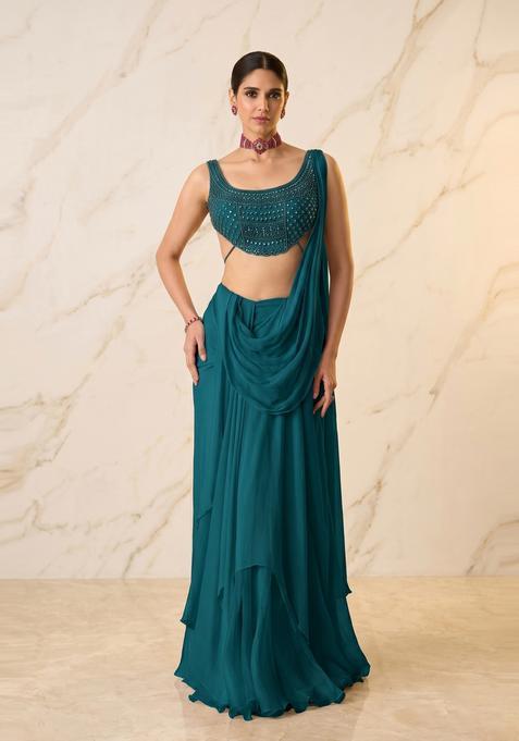 Teal Blue Embroidered Handwork Pre Draped Saree Set