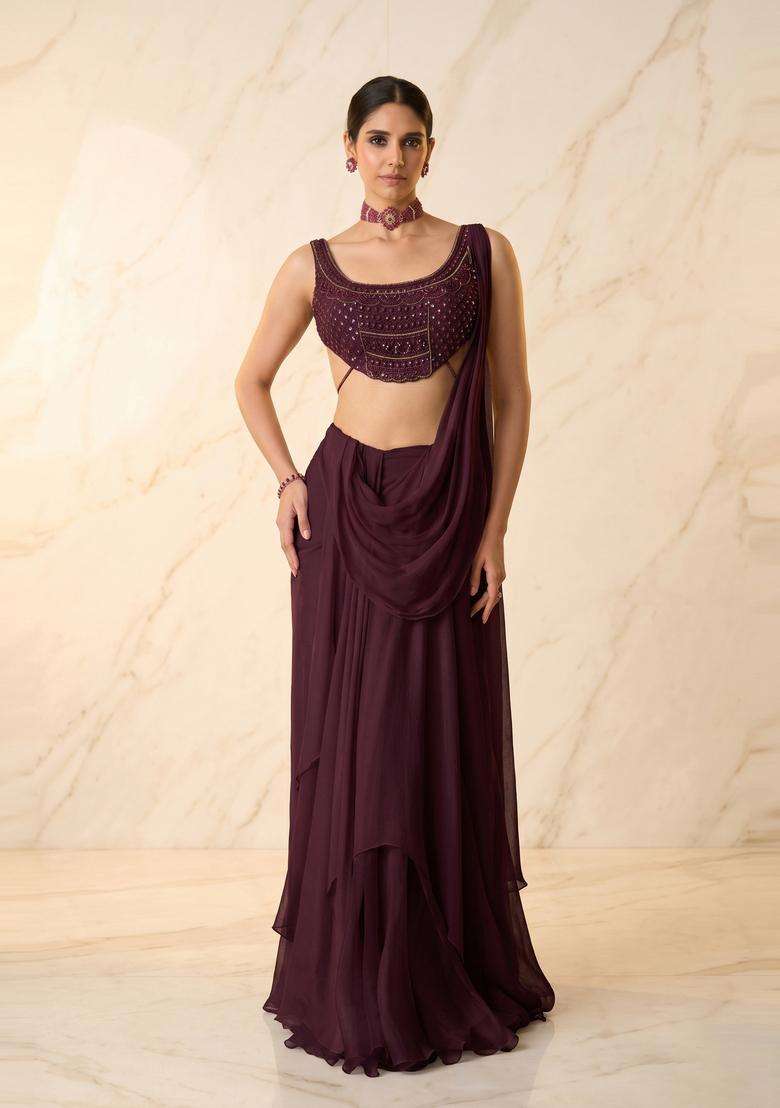 Deep Plum Embroidered Handwork Pre Draped Saree Set - Indya