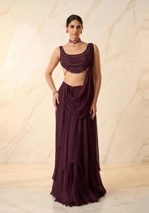 Deep Plum Embroidered Handwork Pre Draped Saree Set