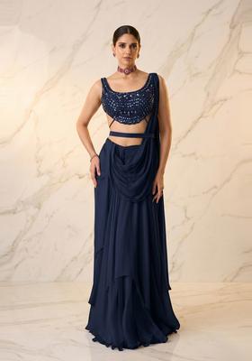 Navy Blue Embroidered Handwork Pre Draped Saree Set
