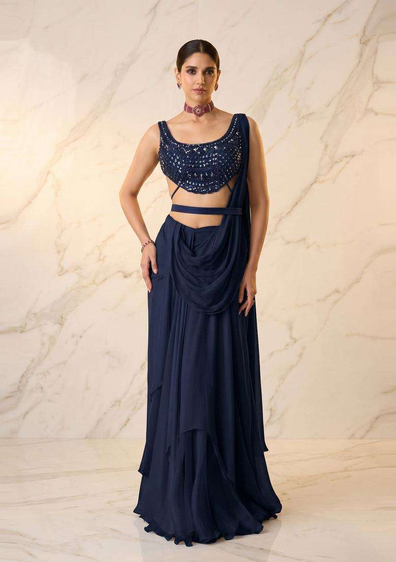 Navy Blue Embroidered Handwork Pre Draped Saree Set - Indya