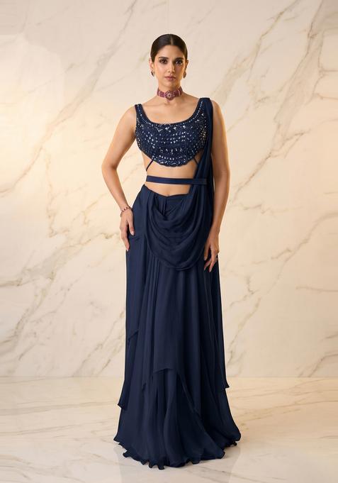 Navy Blue Embroidered Handwork Pre Draped Saree Set
