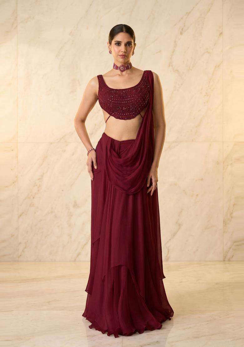 Wine Embroidered Handwork Pre Draped Saree Set - Indya