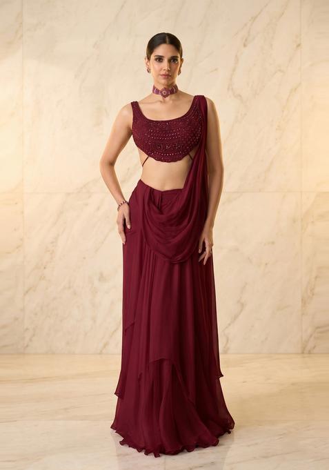 Wine Embroidered Handwork Pre Draped Saree Set