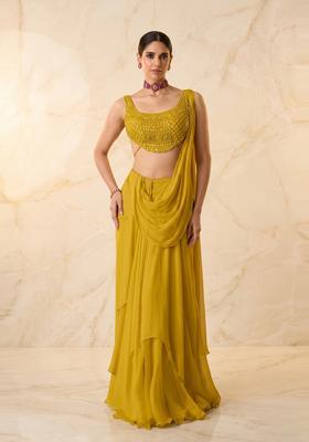 Mustard Embroidered Handwork Pre Draped Saree Set