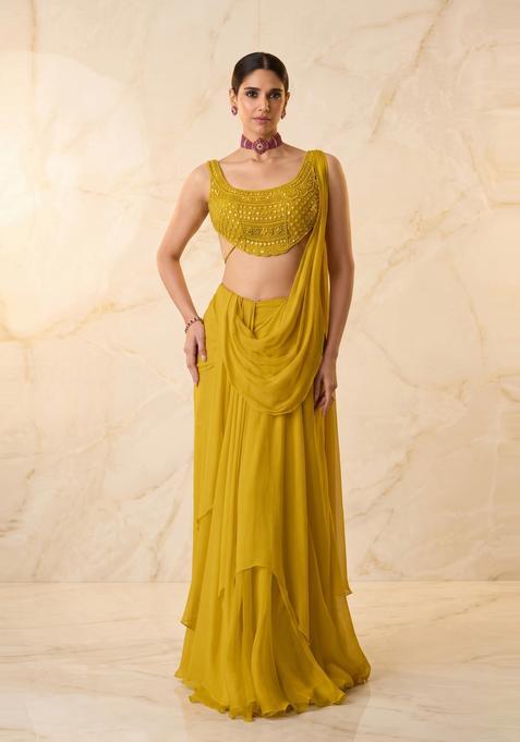 Mustard Embroidered Handwork Pre Draped Saree Set