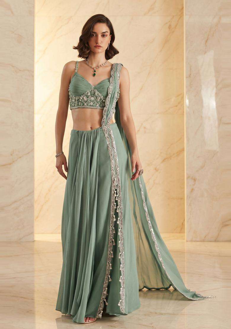 Lime Green Embroidered Handwork Pre Draped Saree Set - Indya