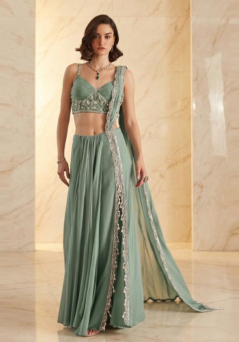Lime Green Embroidered Handwork Pre Draped Saree Set