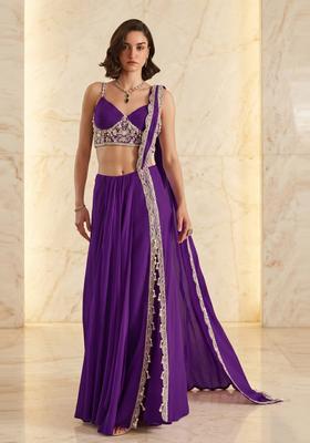 Deep Purple Embroidered Handwork Pre Draped Saree Set