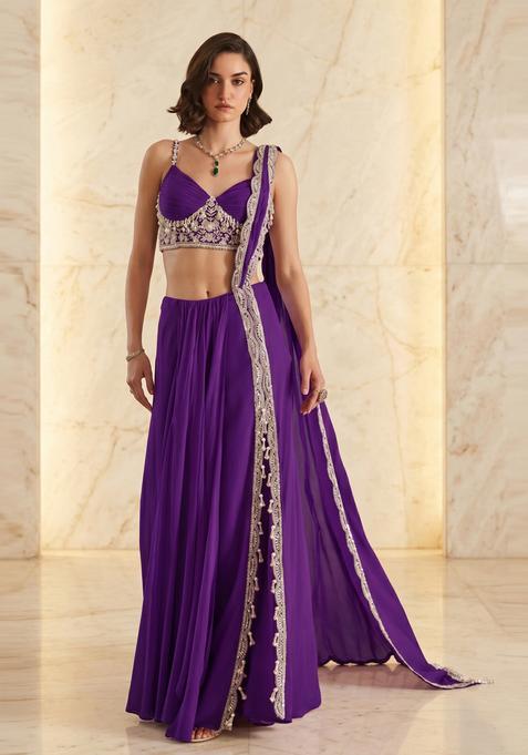 Deep Purple Embroidered Handwork Pre Draped Saree Set