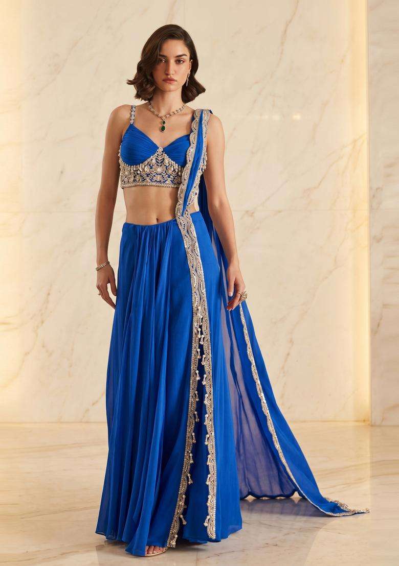 Bright Blue Embroidered Handwork Pre Draped Saree Set - Indya