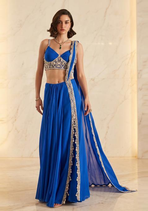 Bright Blue Embroidered Handwork Pre Draped Saree Set