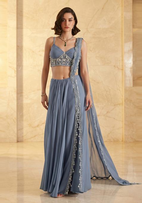 Dusty Blue Embroidered Handwork Pre Draped Saree Set