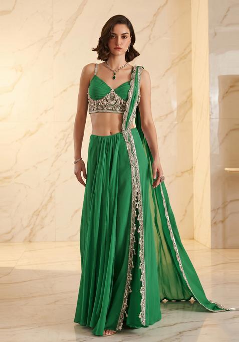 Bright Green Embroidered Handwork Pre Draped Saree Set