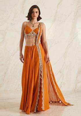 Bright Orange Embroidered Handwork Pre Draped Saree Set