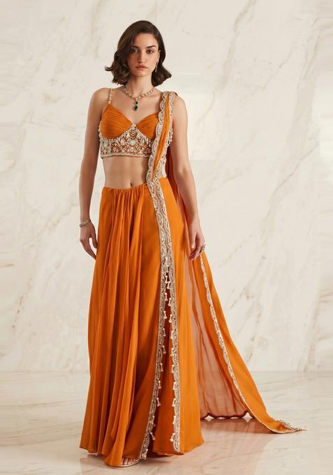 Bright Orange Embroidered Handwork Pre Draped Saree Set