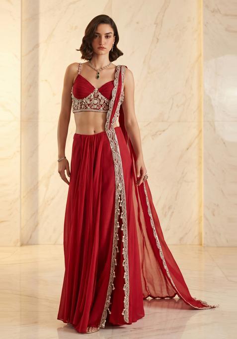 Deep Red Embroidered Handwork Pre Draped Saree Set