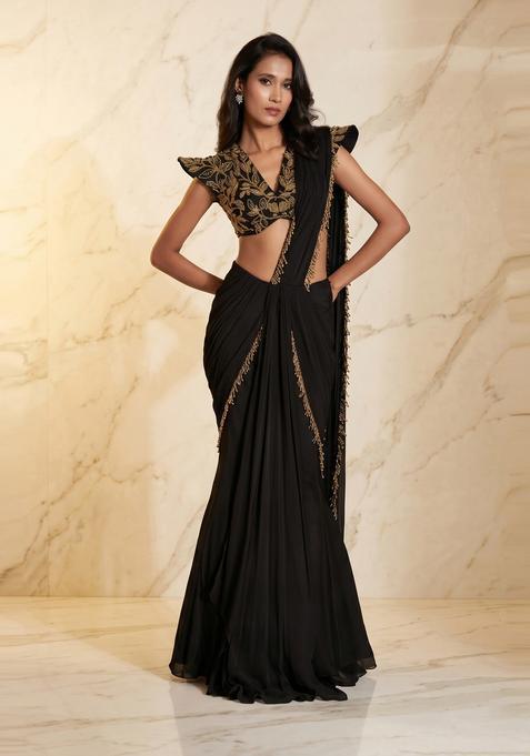 Black Embroidered Handwork Pre Draped Saree Set