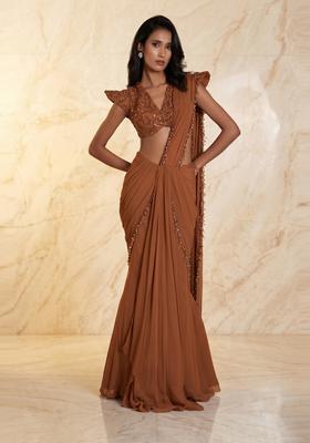 Copper Brown Embroidered Handwork Pre Draped Saree Set