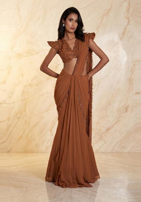 Copper Brown Embroidered Handwork Pre Draped Saree Set