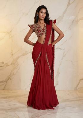 Deep Red Embroidered Handwork Pre Draped Saree Set