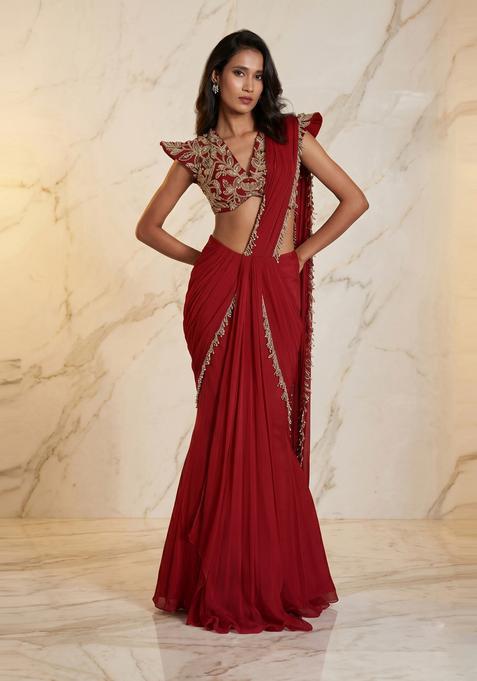 Deep Red Embroidered Handwork Pre Draped Saree Set