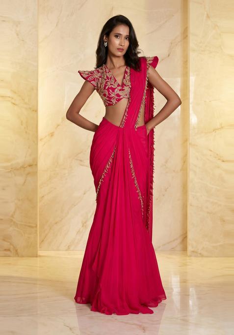Fuchsia Pink Embroidered Handwork Pre Draped Saree Set