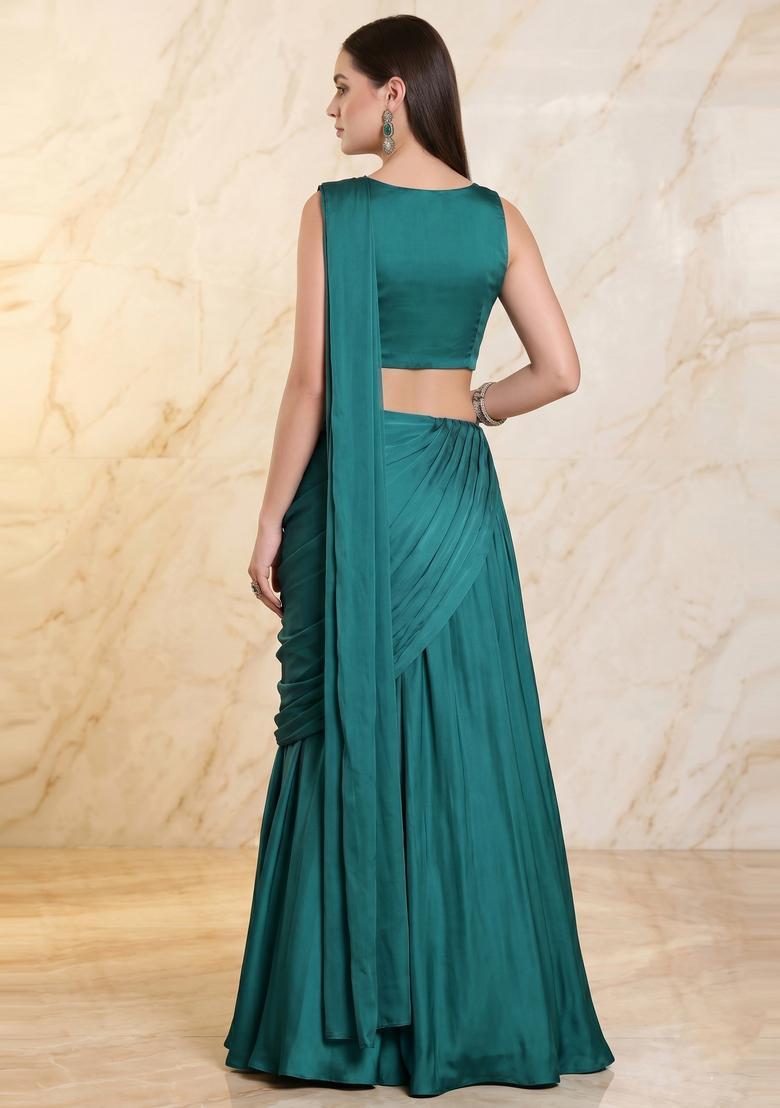 Teal Green Embroidered Handwork Pre Draped Saree Set - Indya