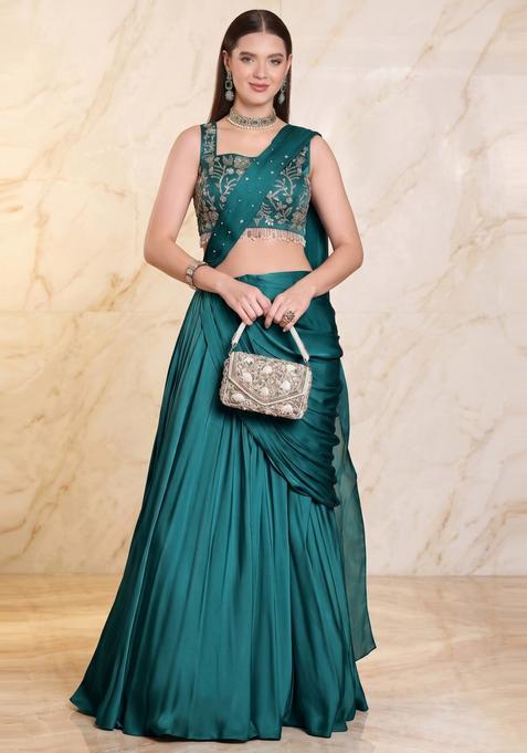 Teal Green Embroidered Handwork Pre Draped Saree Set