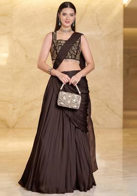 Deep Brown Embroidered Handwork Pre Draped Saree Set