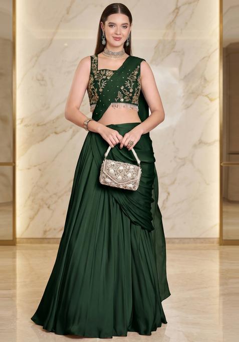 Emerald Green Embroidered Handwork Pre Draped Saree Set