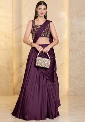 Deep Purple Embroidered Handwork Pre Draped Saree Set