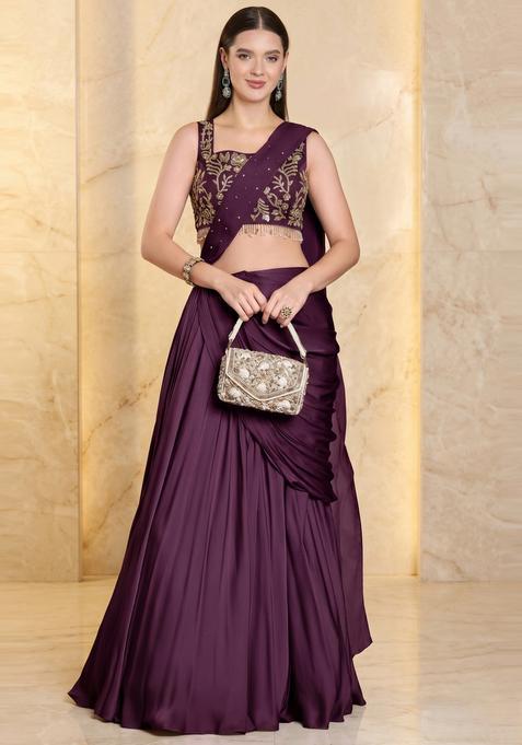 Deep Purple Embroidered Handwork Pre Draped Saree Set