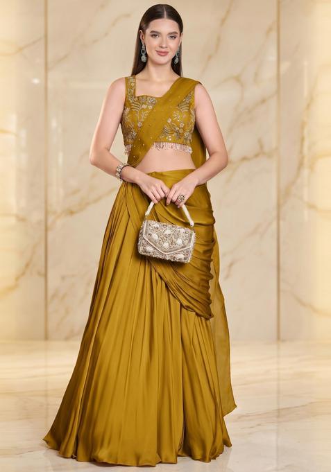 Mustard Embroidered Handwork Pre Draped Saree Set