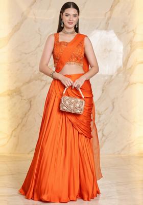 Bright Orange Embroidered Handwork Pre Draped Saree Set