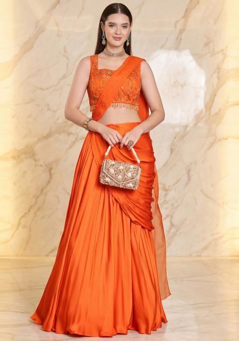 Bright Orange Embroidered Handwork Pre Draped Saree Set