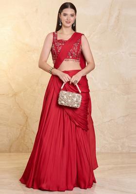 Crimson Red Embroidered Handwork Pre Draped Saree Set