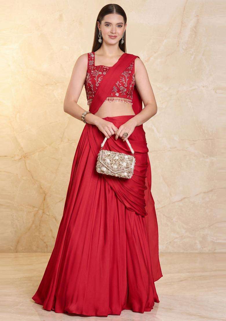 Crimson Red Embroidered Handwork Pre Draped Saree Set - Indya