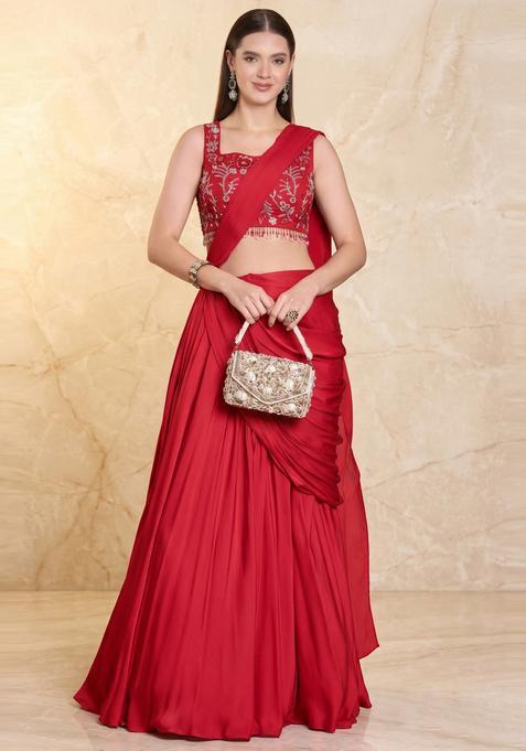 Crimson Red Embroidered Handwork Pre Draped Saree Set