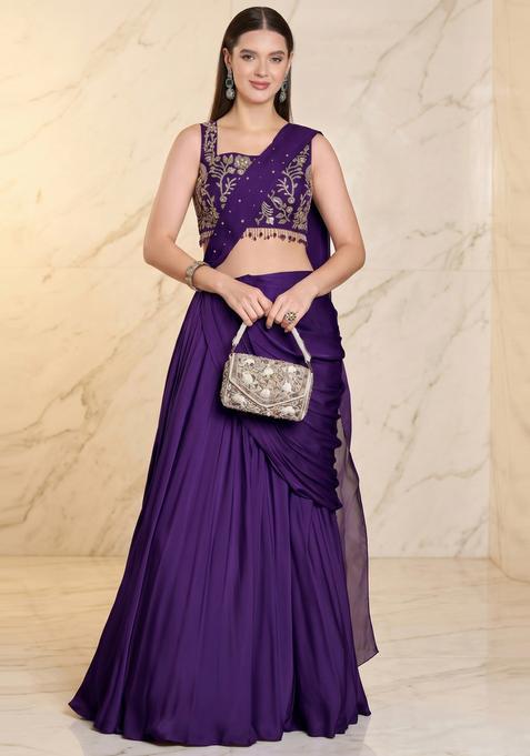 Deep Purple Embroidered Handwork Pre Draped Saree Set