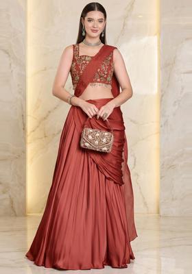 Dusty Red Embroidered Handwork Pre Draped Saree Set