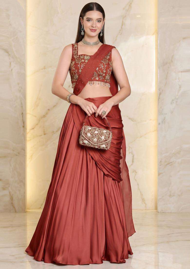 Dusty Red Embroidered Handwork Pre Draped Saree Set - Indya