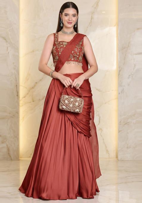 Dusty Red Embroidered Handwork Pre Draped Saree Set