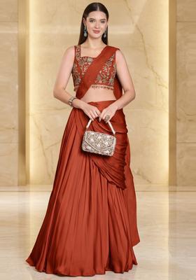 Burnt Orange Embroidered Handwork Pre Draped Saree Set