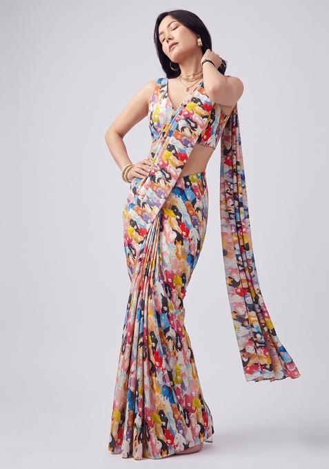 Multicolor Printed Georgette Pre Draped Saree Set