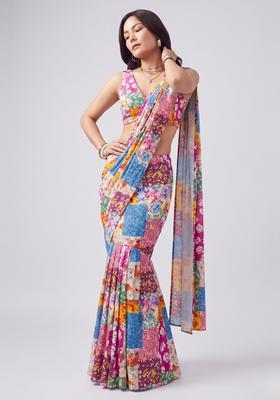 Multicolor Printed Georgette Pre Draped Saree Set