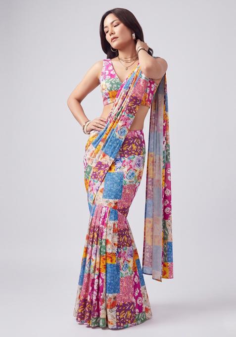 Multicolor Printed Georgette Pre Draped Saree Set